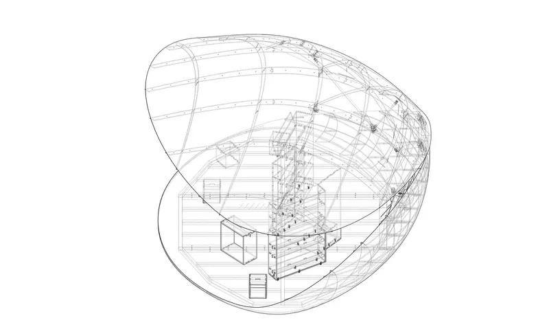 Axonometric drawing showing the curved shell structure with central stair tower and interior furnishings