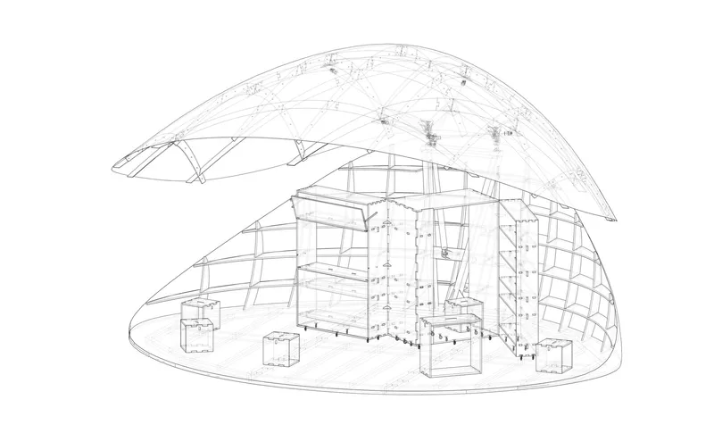 Exploded axonometric drawing showing the domed roof structure lifted above the interior volumes and furniture layout