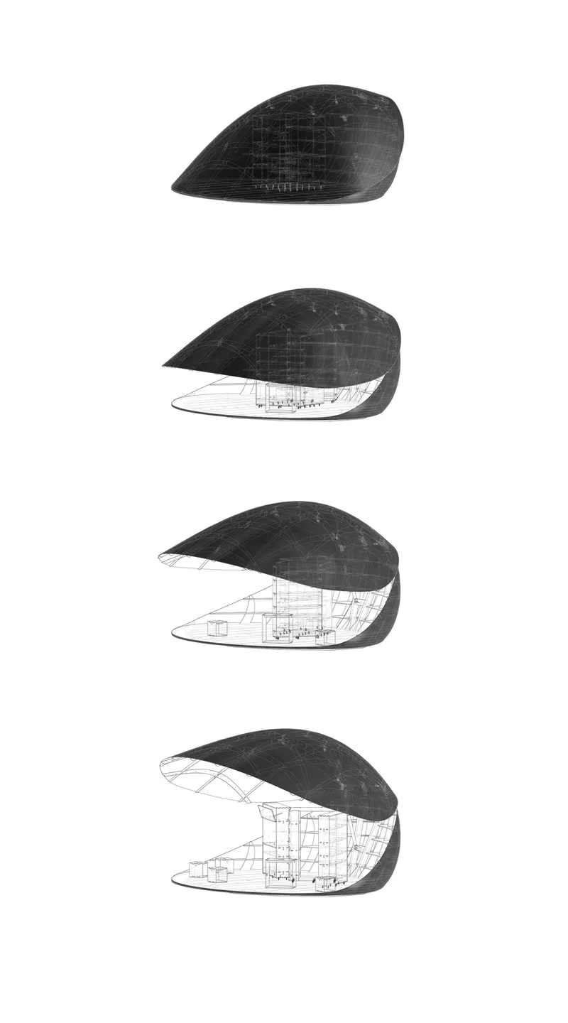 Sequential section drawings revealing the progressive layering of the curved shell and interior spatial arrangement
