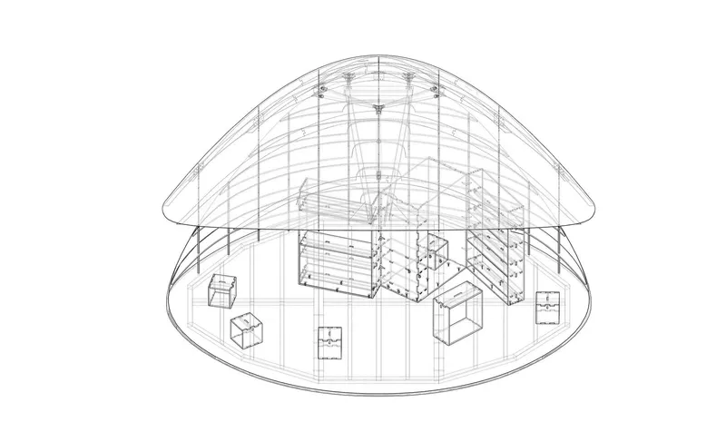 Axonometric drawing depicting the gridded dome enclosing central volumes and perimeter furniture pieces