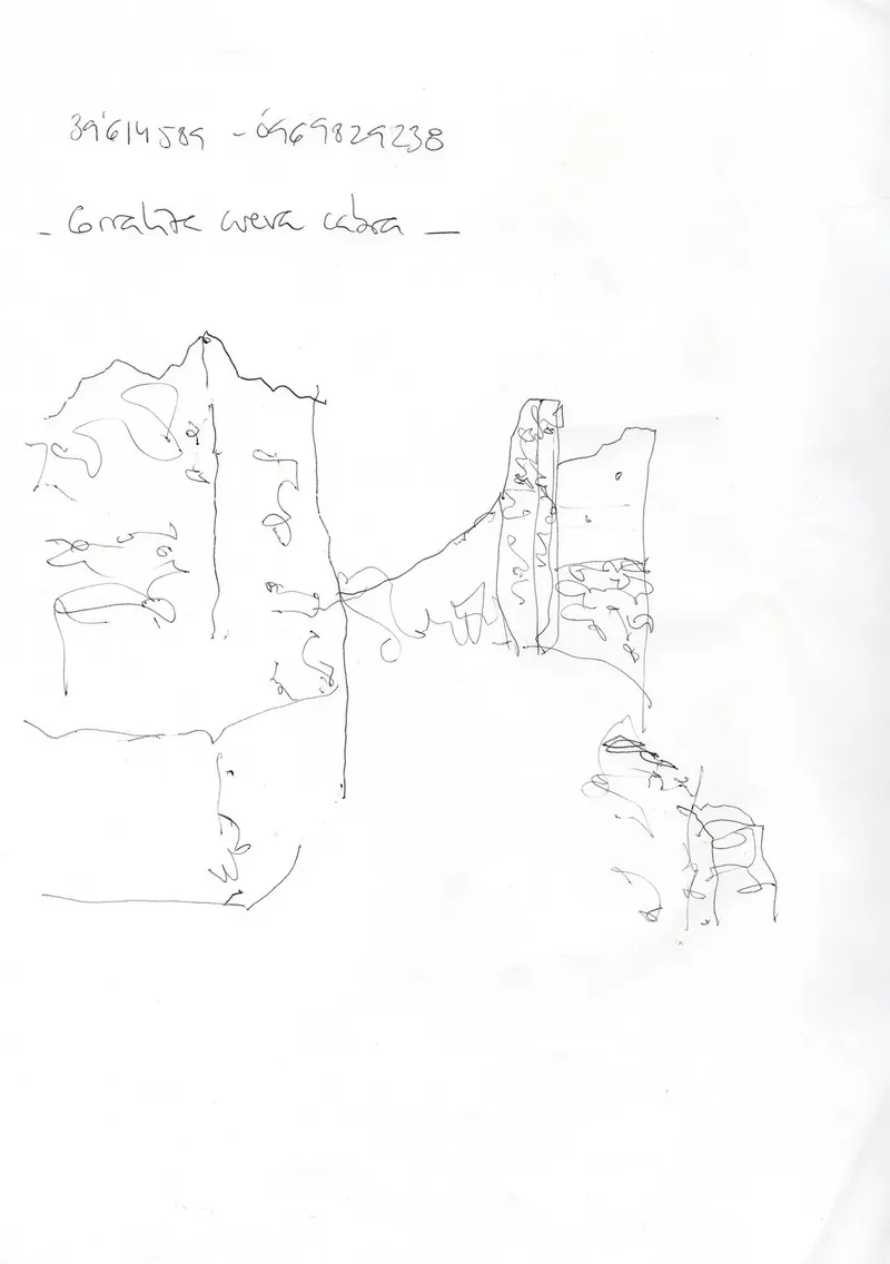 Line drawing sketch capturing two deteriorated tower volumes connected by a low masonry wall