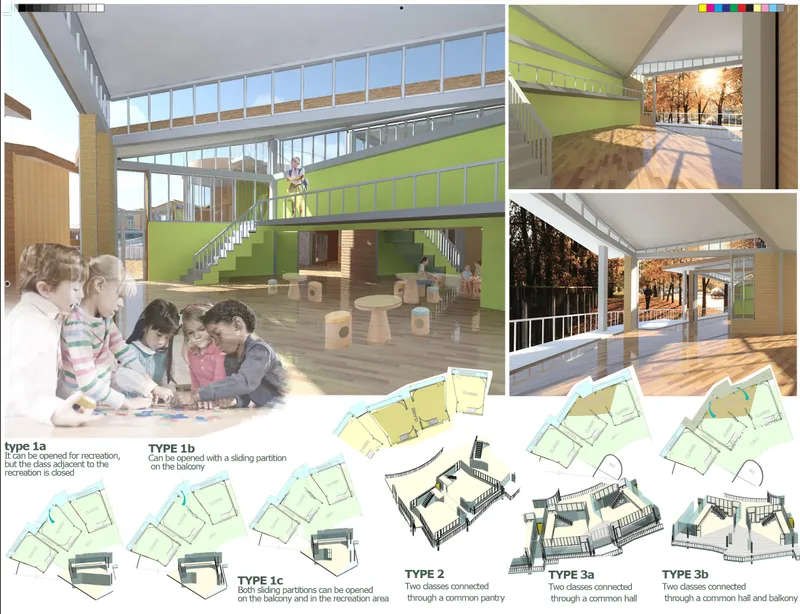Flexible classroom modules encourage collaborative learning through adaptive spaces, open galleries, and connected educational zones.
