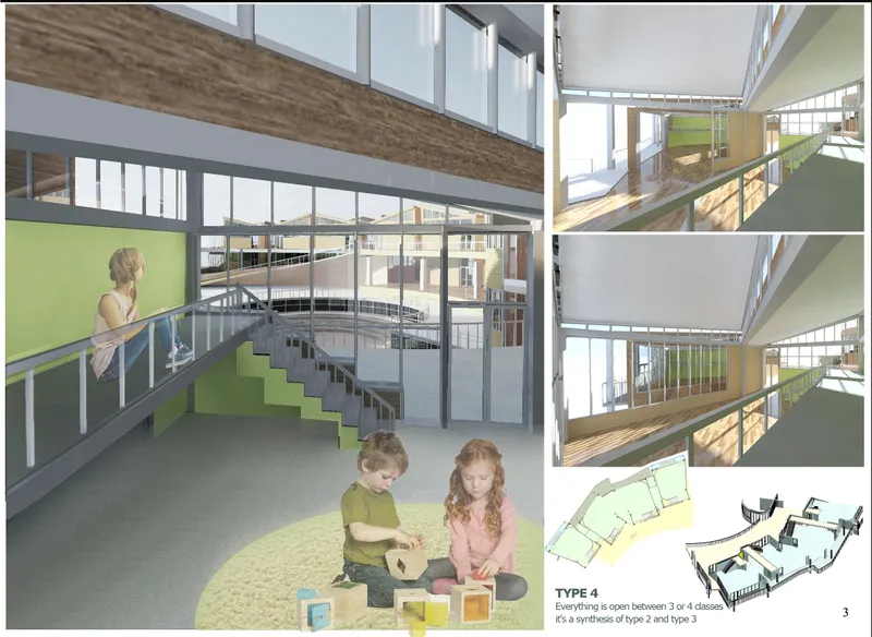 Interior learning environments create visual continuity between classrooms, circulation spaces, and communal gathering areas.