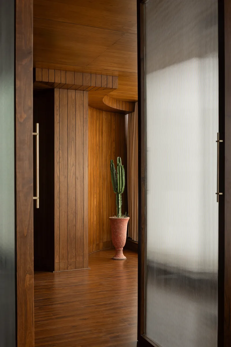 View through wooden doorway with fluted glass panel into hallway with cactus in terracotta planter