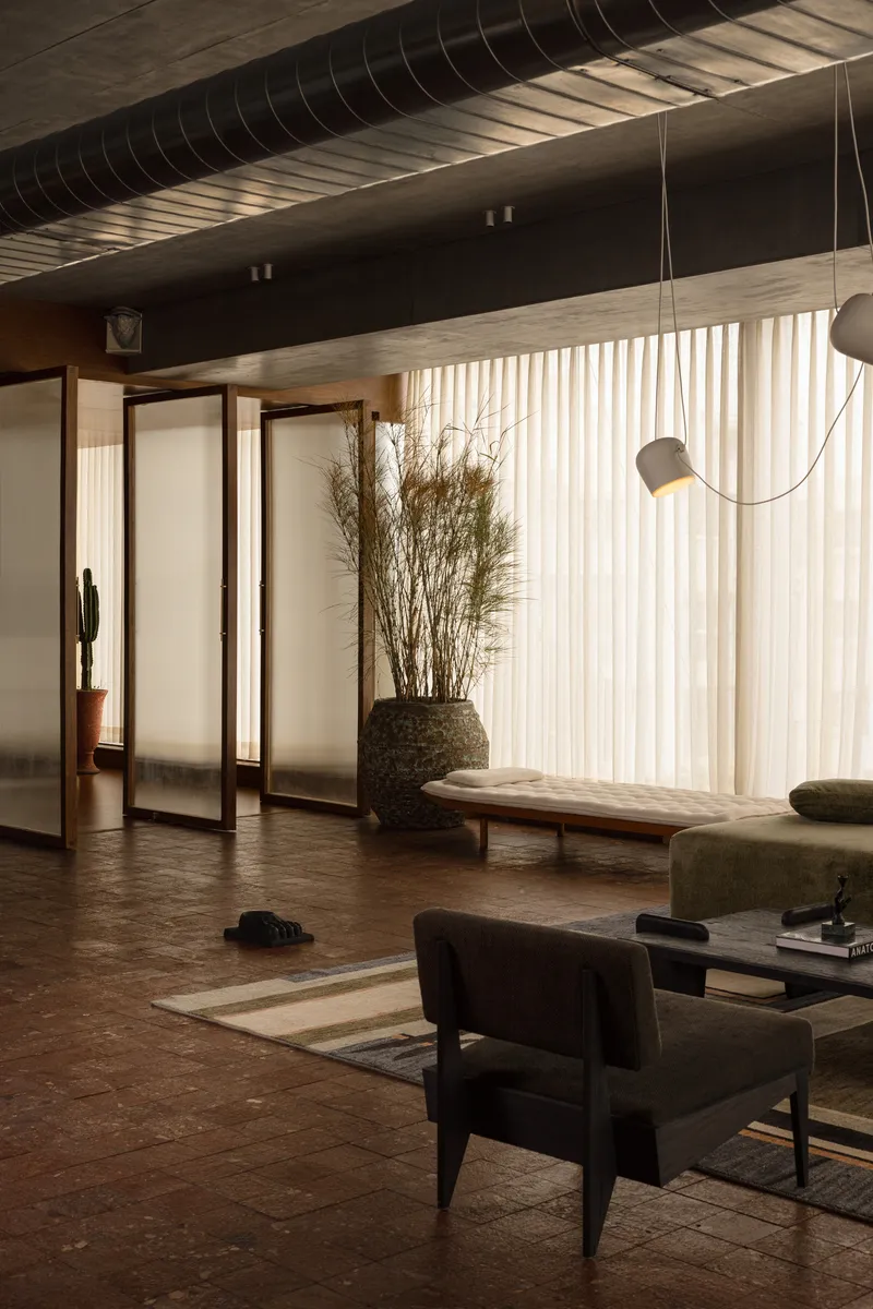 Translucent sliding panels framing a planted woven basket beneath softly filtered daylight
