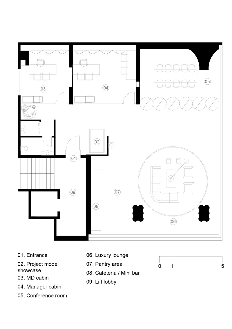 Floor plan drawing showing entrance lobby, work cabins, conference room, and circular luxury lounge