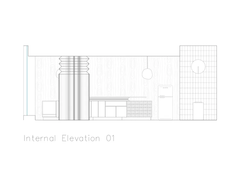 Internal elevation drawing showing wood paneling, decorative tile backsplash, and tiled wall partition