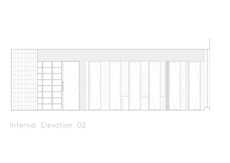 Internal elevation drawing depicting vertical wood slat wall with tiled surface at left edge