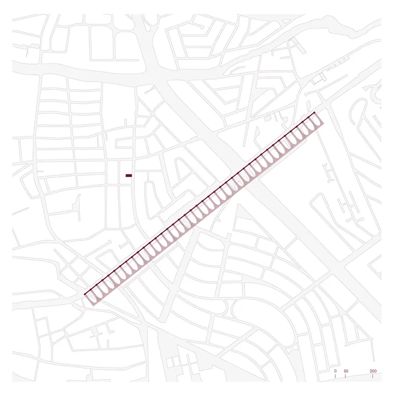 Site plan drawing showing the diagonal linear form intersecting the urban street grid with landscaped courtyards