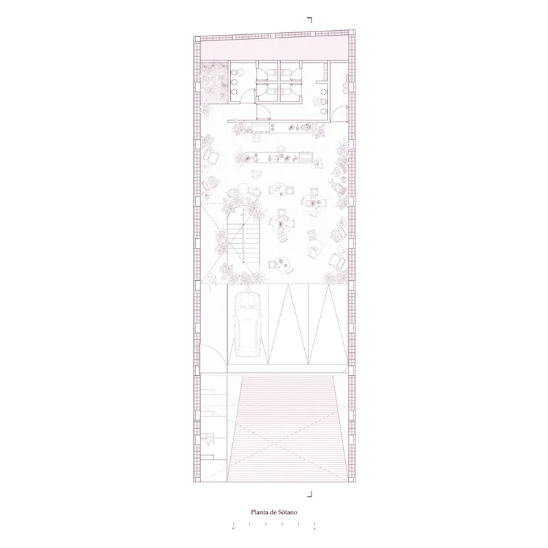 Floor plan drawing depicting a terraced layout with planted courtyard, parking bay, and enclosed service area