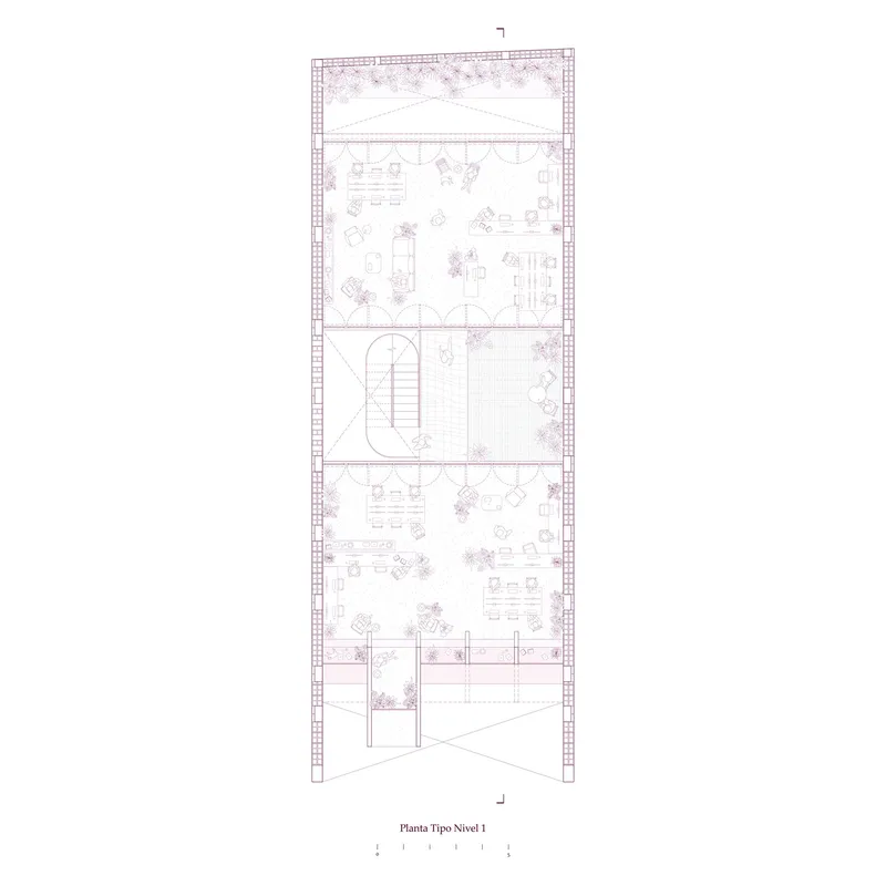 Floor plan drawing showing multiple levels with furnished rooms, a central oval staircase, and rooftop terrace