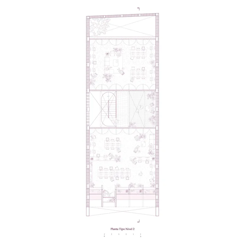 Floor plan drawing depicting stacked levels with work areas, an oval staircase, and rooftop garden space