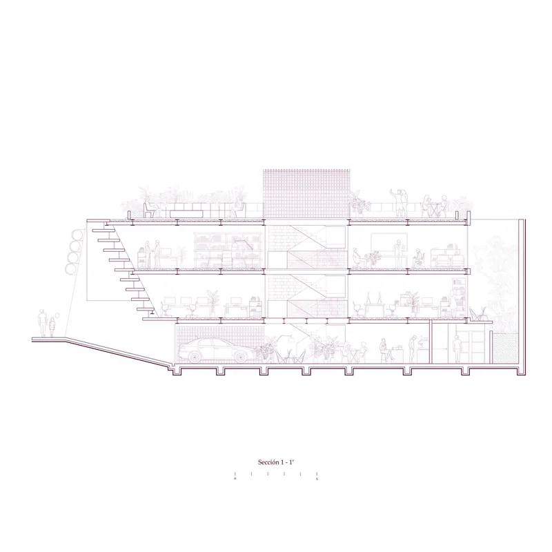 Section drawing showing four interior levels with figures, planted terraces, and diagonal structural bracing
