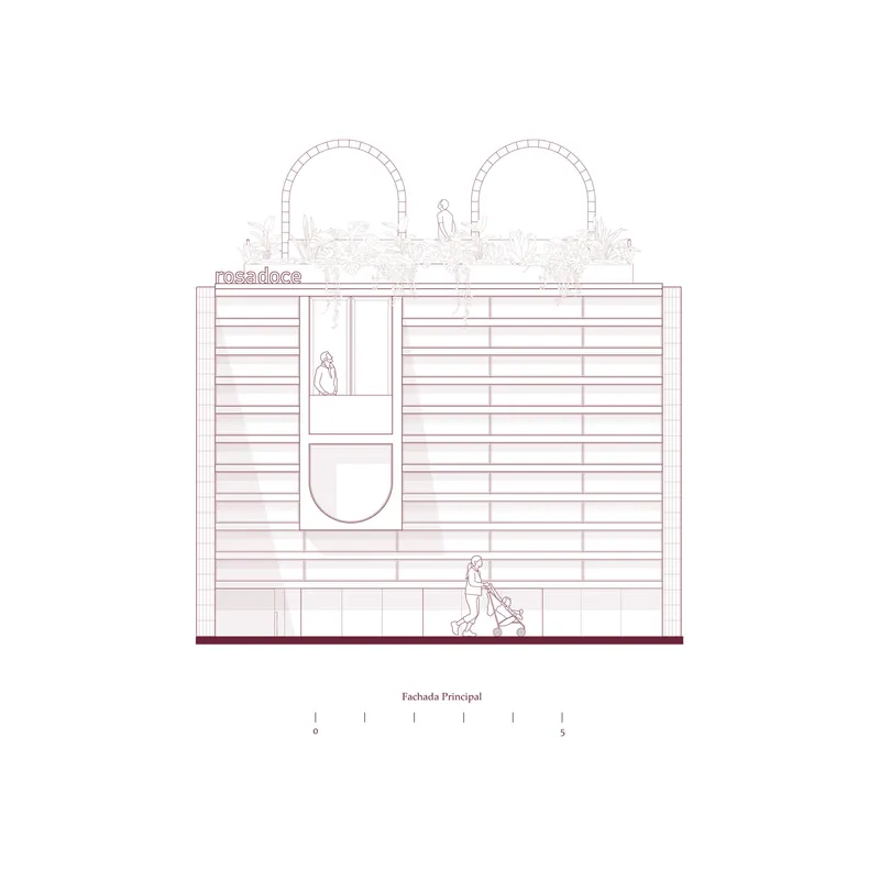Elevation drawing showing a facade with horizontal banding, two arched vaults, and rooftop plantings