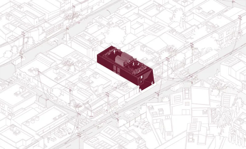 Axonometric drawing highlighting a single block building with rooftop garden within a low-density urban context