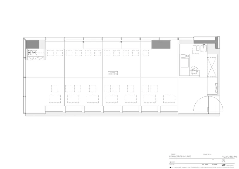 Floor plan drawing showing seating rows along one wall and service counter in corner