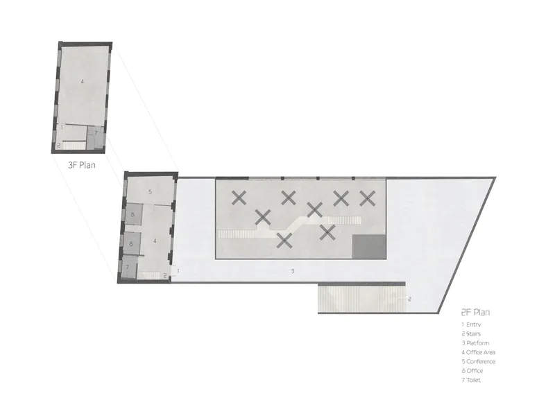 Second and third floor plans depicting office areas and an upper mezzanine volume
