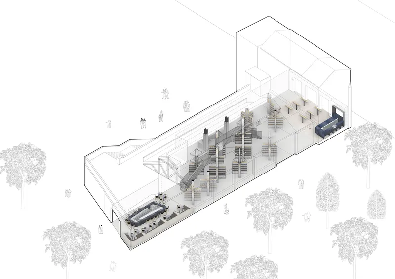 Axonometric cutaway drawing showing rows of shelving and seating areas with surrounding trees