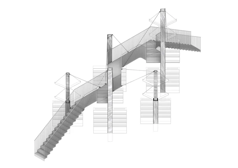 Isometric drawing of a zigzagging staircase with metal railings connecting multiple levels