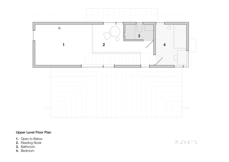 Upper level floor plan drawing showing open void, reading nook, bathroom and bedroom