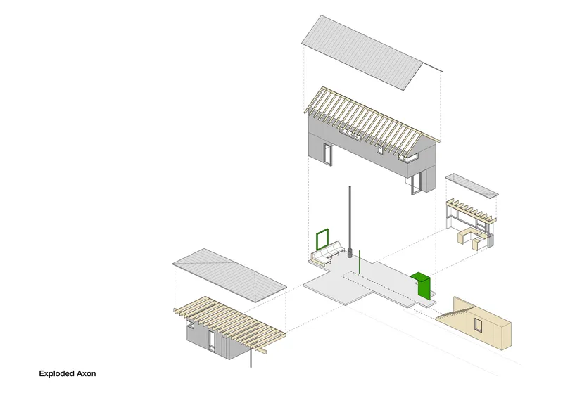 Exploded axonometric drawing showing roof, ceiling joists, walls, floor slab and structural assembly