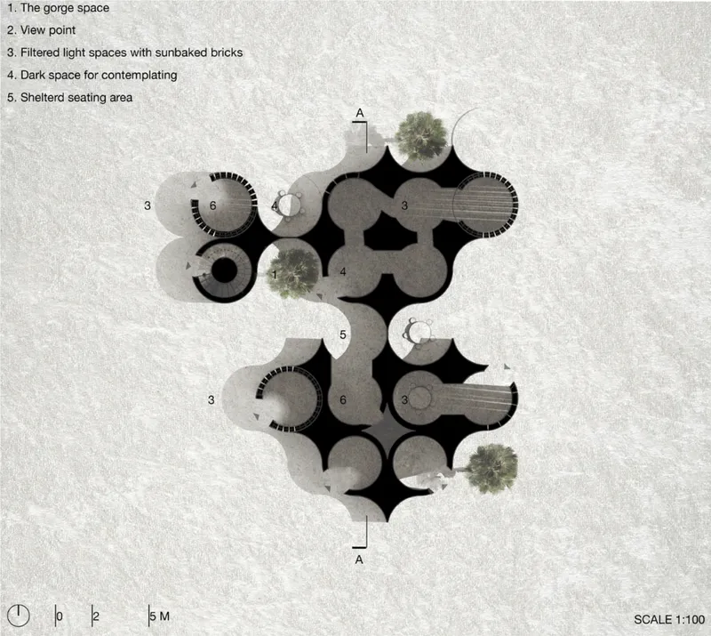 Plan diagram mapping spatial sequence from contemplative cores to communal gathering zones within the modular system