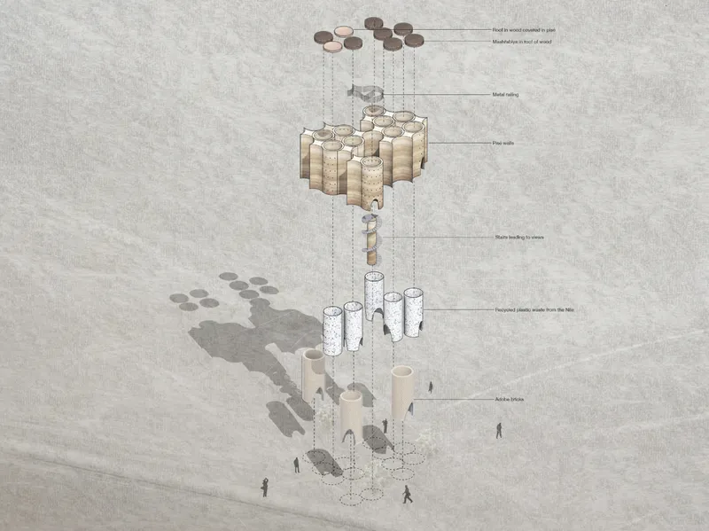 Exploded axonometric illustrating the layered system of rammed earth, recycled plastic cores, and modular cylindrical construction