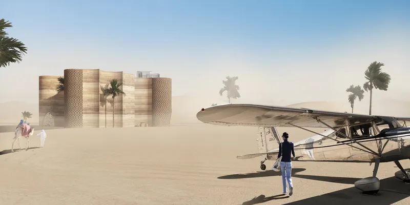 Pavilion emerging within the desert landscape, grounding sustainable architecture in local context and materiality
