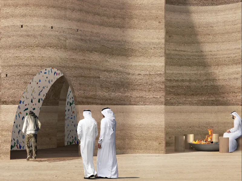 Entrance threshold revealing the contrast between earthen mass and recycled plastic-lined interior surfaces