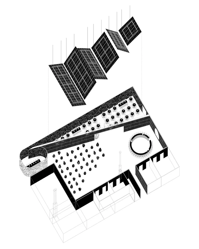 Axonometric drawing showing tilted solar panel array above a rooftop with circular skylight and planted grid