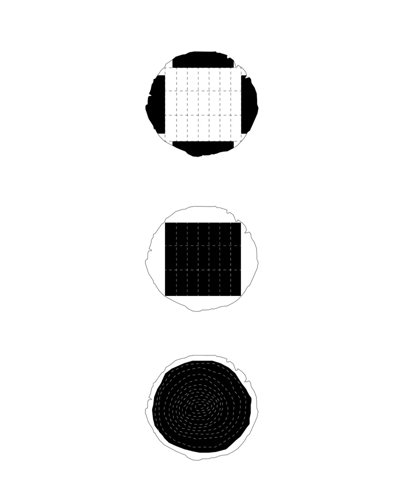 Diagram showing three circular plan configurations with varying grid patterns from orthogonal to radial