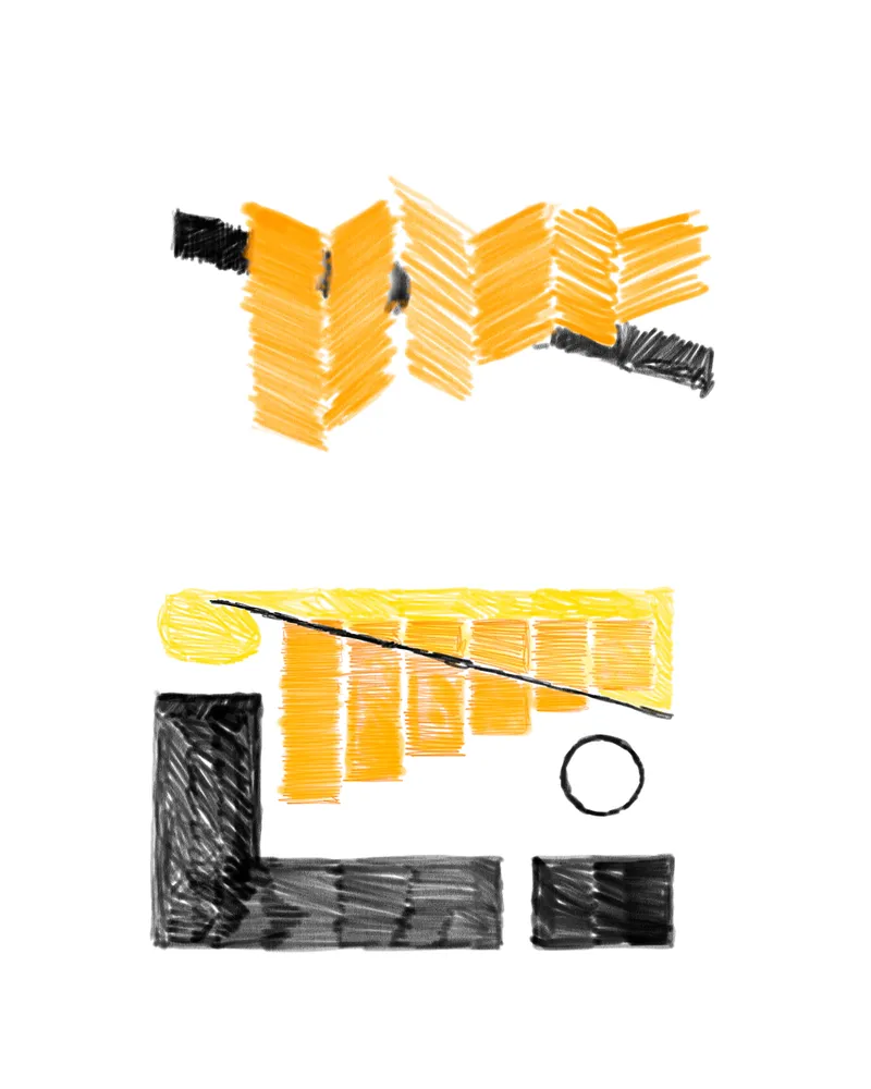 Sketch illustrating angular yellow volumes with black masses and a circular element in plan view