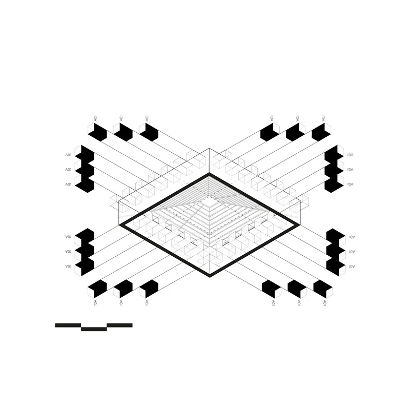 Axonometric drawing showing a central courtyard surrounded by extruded volumes with labeled circulation paths radiating outward