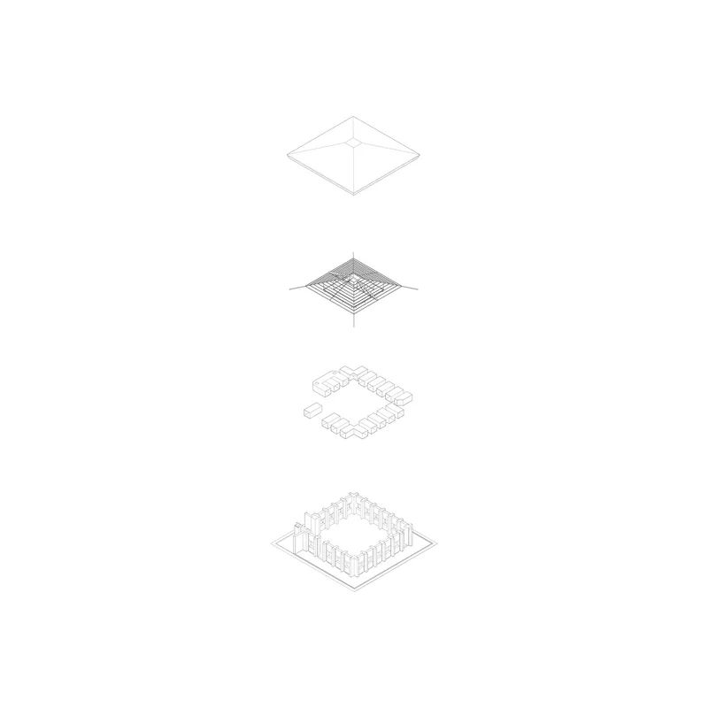 Axonometric drawing sequence showing the assembly of a pyramidal roof structure above a square colonnade