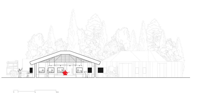 Elevation drawing of gabled warehouse structures with clerestory windows and figures beside trees
