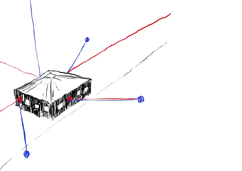 Axonometric sketch showing a rectangular volume with directional arrows indicating site forces and orientation