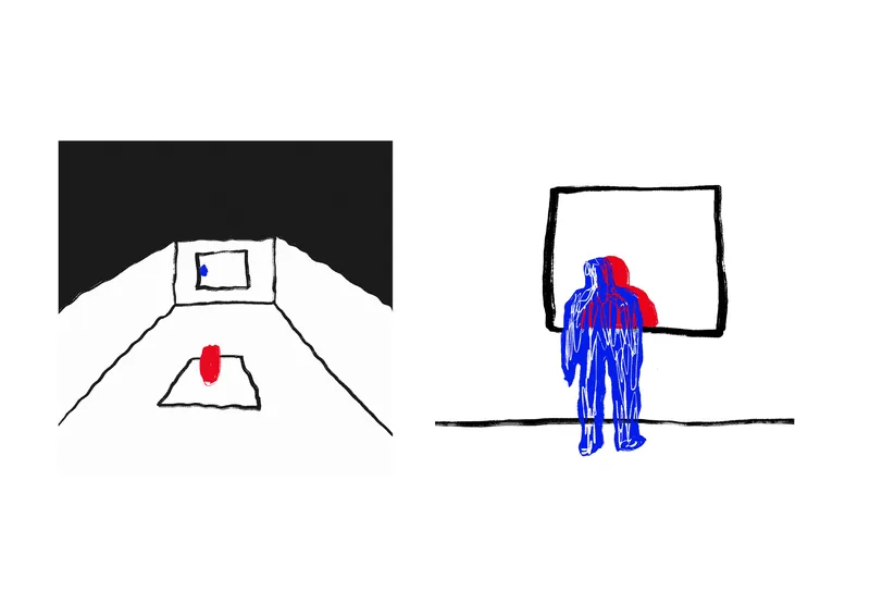 Sketch drawing showing perspective and elevation views of figures in gallery spaces with framed openings