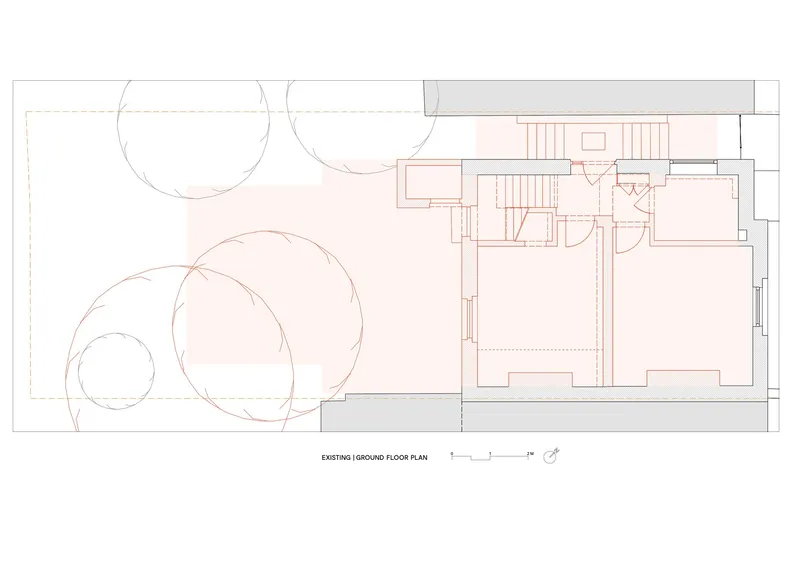 Ground floor plan drawing showing existing layout with garden, staircase, bedroom and bathroom zones