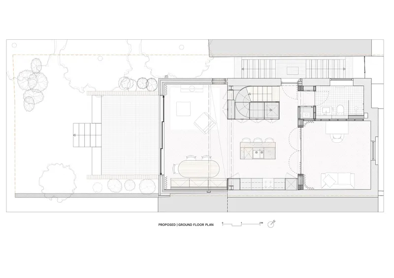 Ground floor plan drawing showing proposed open-plan layout with kitchen, dining area and outdoor terrace