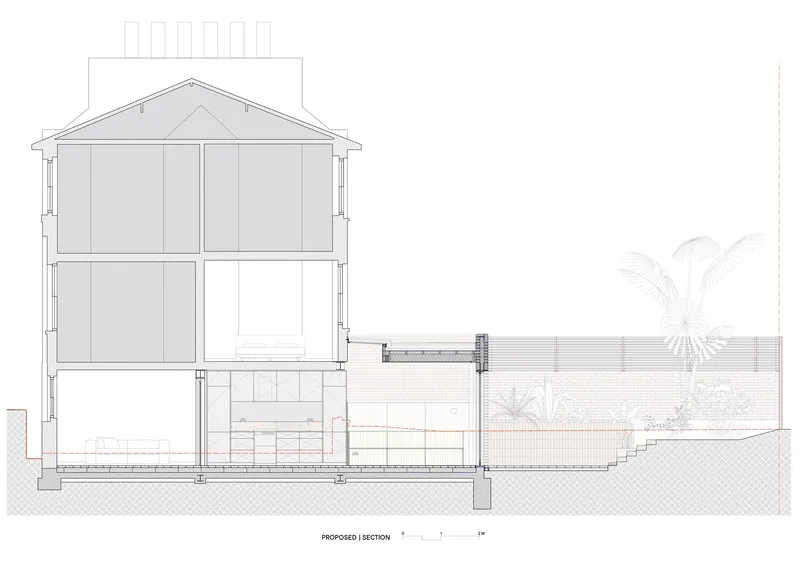 Section drawing showing a three-storey gabled house connected to a lower single-storey volume with planted landscaping