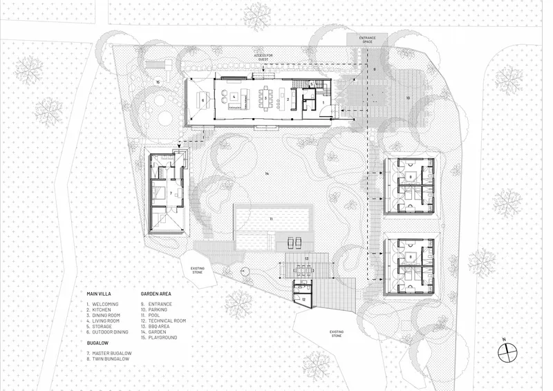 Site plan drawing showing the main villa and three bungalows arranged around a central pool and garden