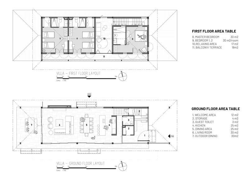 Floor plan drawings of the two-story villa showing bedroom suites and open living areas