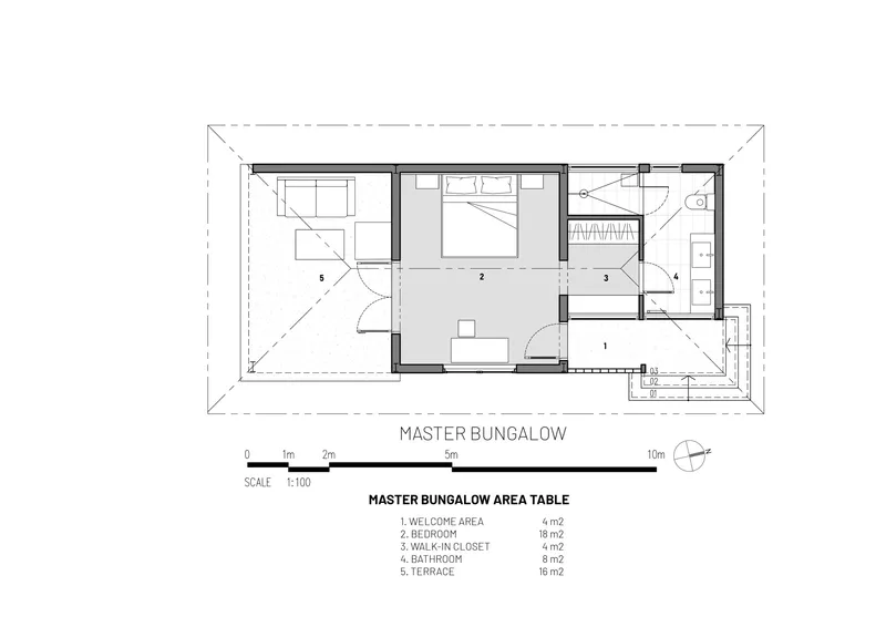 Floor plan drawing of a single-story bungalow with bedroom, bathroom and terrace