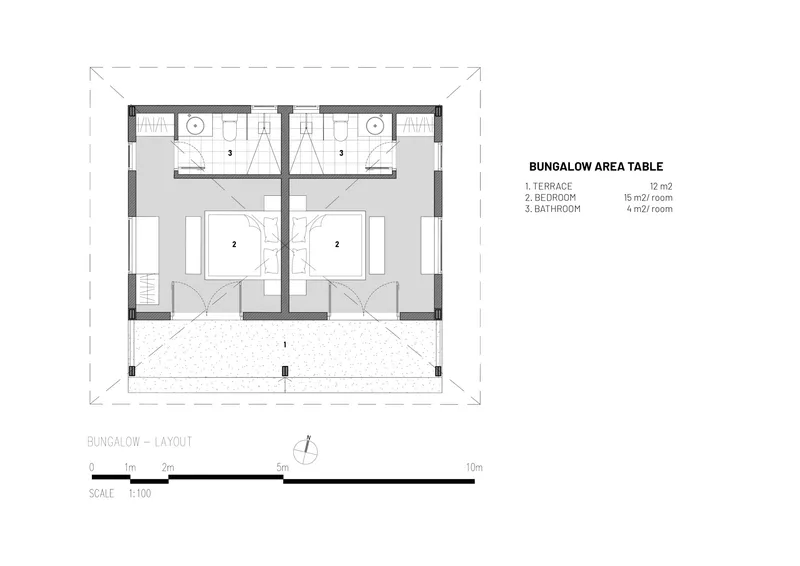 Floor plan drawing of a twin-bedroom bungalow with shared bathroom and front terrace