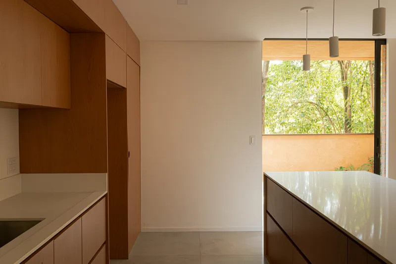Kitchen with timber cabinetry and window framing view of trees beyond low courtyard wall
