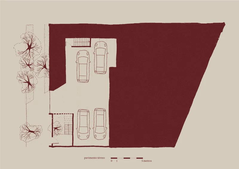 Ground floor plan drawing showing two-bay parking garage with stairs and surrounding tree canopies