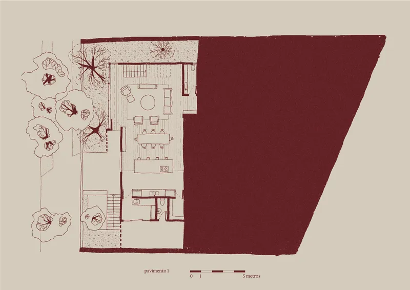 First floor plan drawing showing open living and dining areas with adjacent landscaped terraces