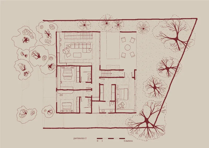 Second floor plan drawing showing bedrooms and roof terrace surrounded by tree canopies