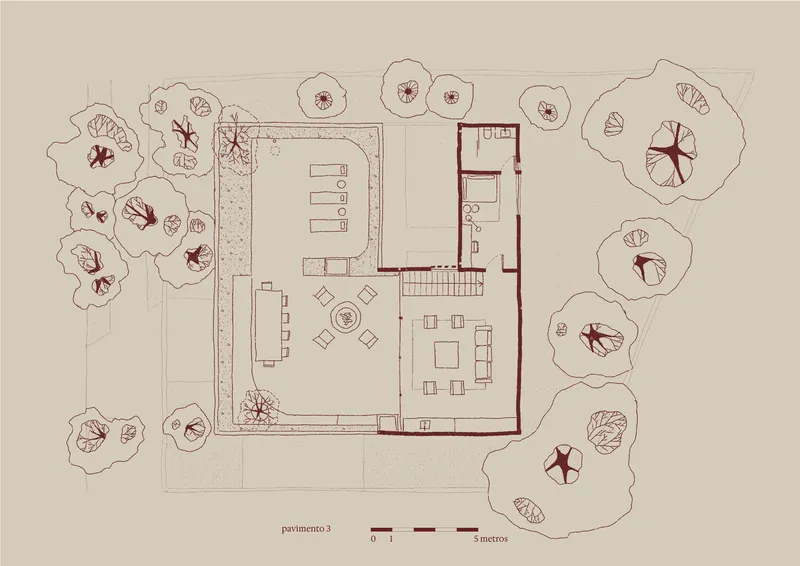 Third floor plan drawing showing covered terrace and pool deck framed by mature trees