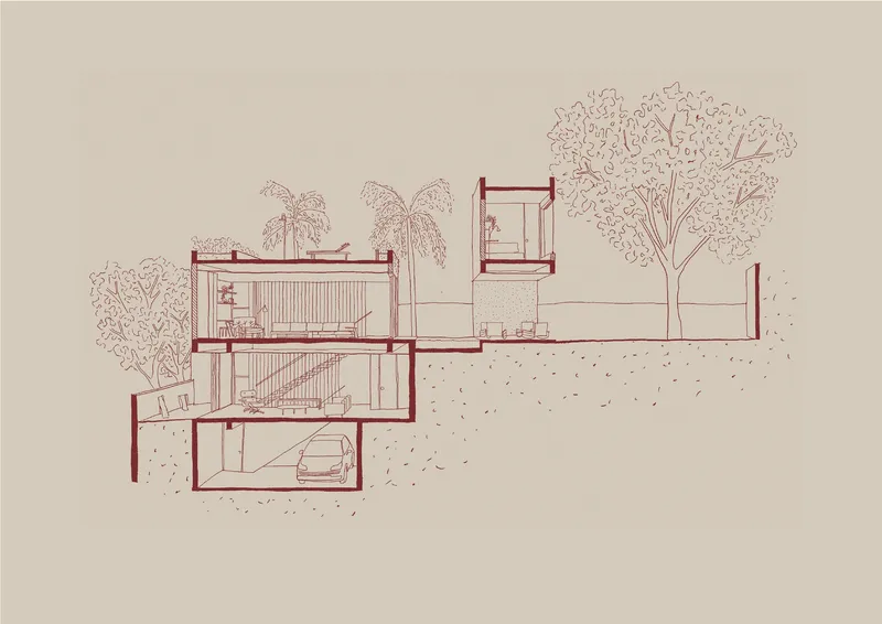 Section drawing showing stacked floors with garage below and tree canopies at grade